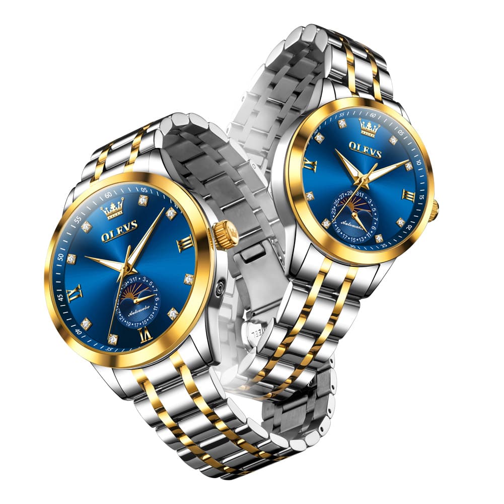 OLEVS 7041 Solid Steel Moon Phase Couples Watch Set - Two Tone White Watch | Olevs Watch Store