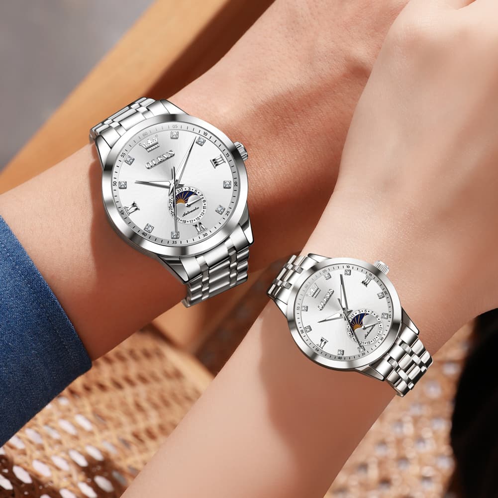 OLEVS 7041 Solid Steel Moon Phase Couples Watch Set - Two Tone White Watch | Olevs Watch Store
