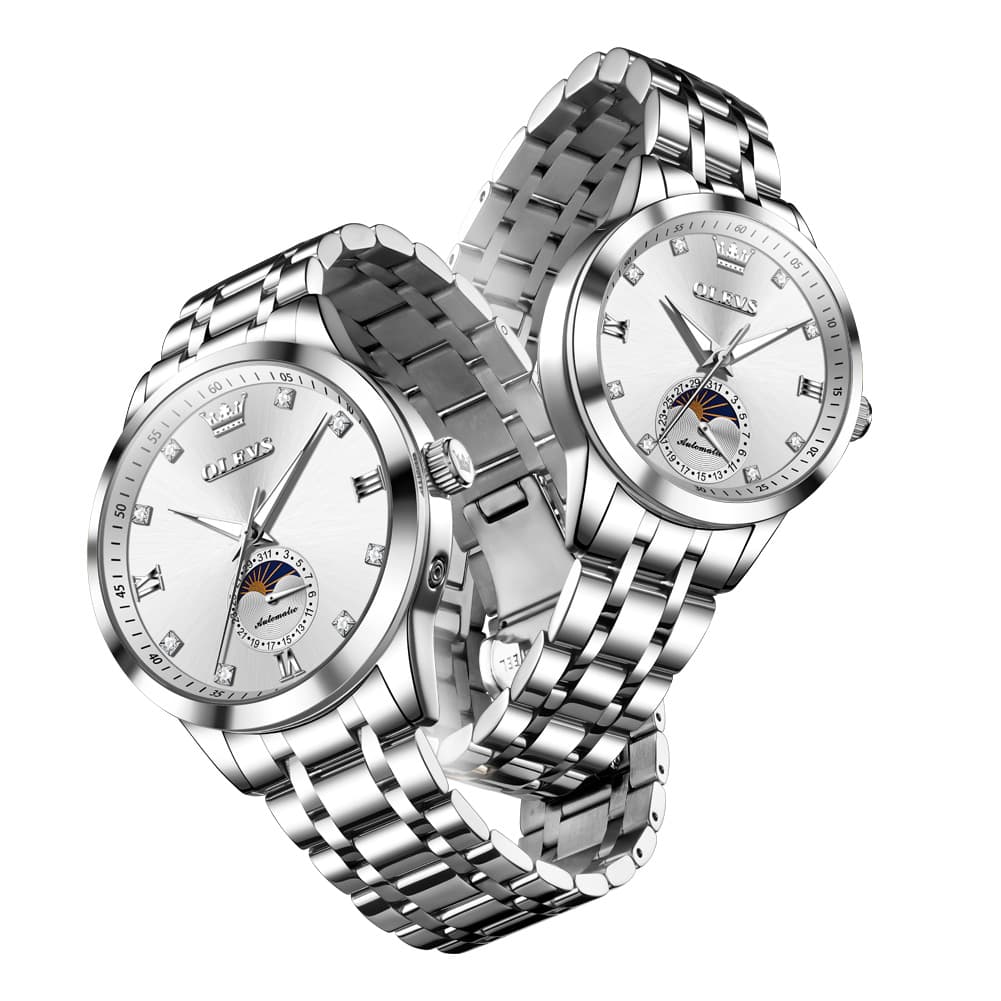 OLEVS 7041 Solid Steel Moon Phase Couples Watch Set - Two Tone White Watch | Olevs Watch Store