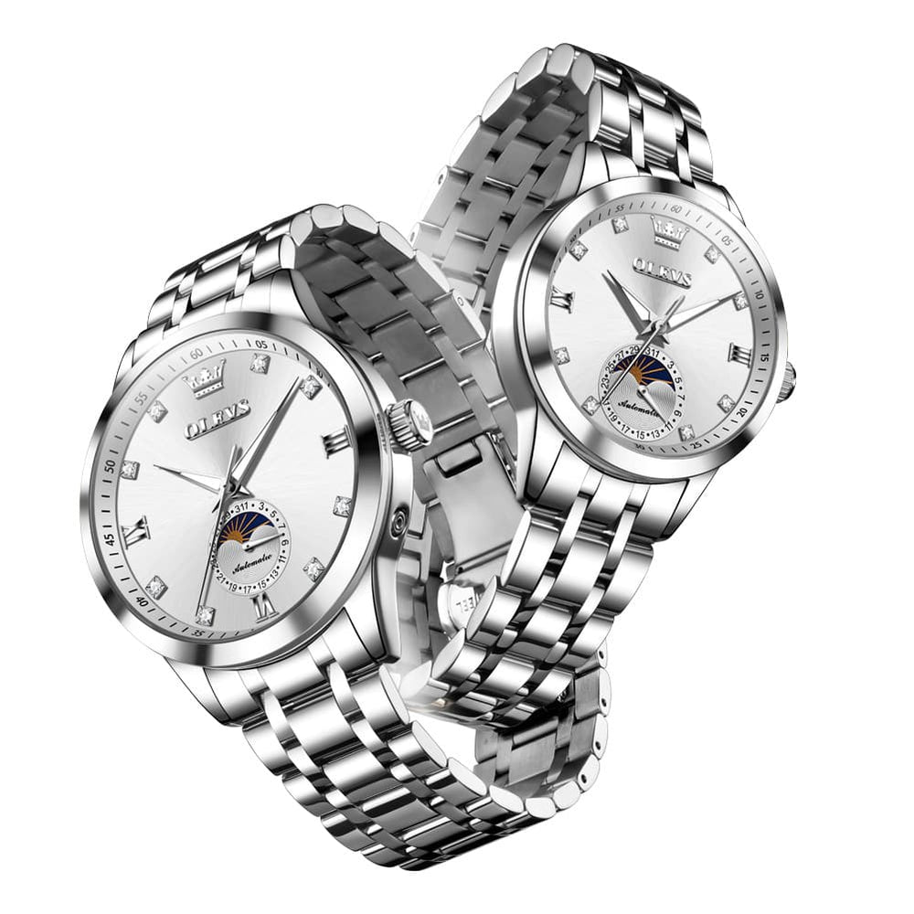 OLEVS 7041 Solid Steel Moon Phase Couples Watch Set - Two Tone White Watch | Olevs Watch Store