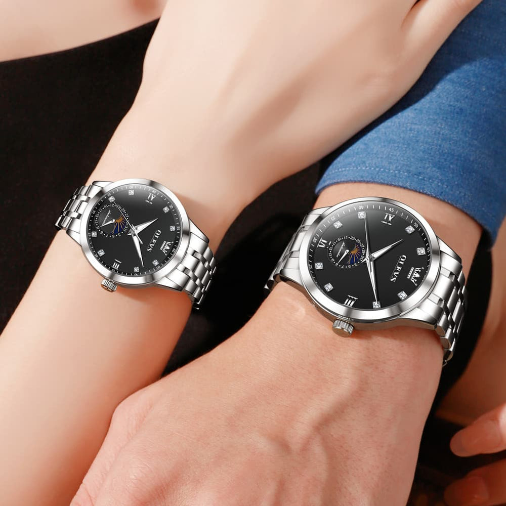 OLEVS 7041 Solid Steel Moon Phase Couples Watch Set - Two Tone White Watch | Olevs Watch Store