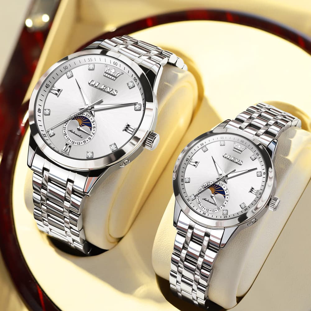 OLEVS 7041 Solid Steel Moon Phase Couples Watch Set - Two Tone White Watch | Olevs Watch Store