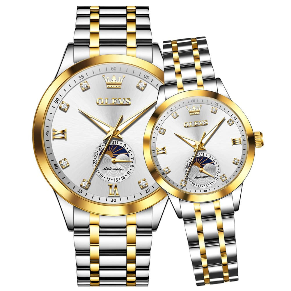 OLEVS 7041 Solid Steel Moon Phase Couples Watch Set - Two Tone White Watch | Olevs Watch Store