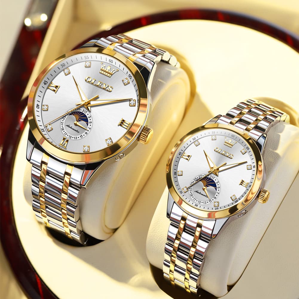 OLEVS 7041 Solid Steel Moon Phase Couples Watch Set - Two Tone White Watch | Olevs Watch Store