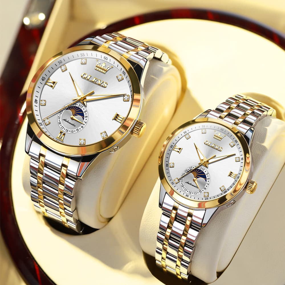 OLEVS 7041 Solid Steel Moon Phase Couples Watch Set - Two Tone White Watch | Olevs Watch Store