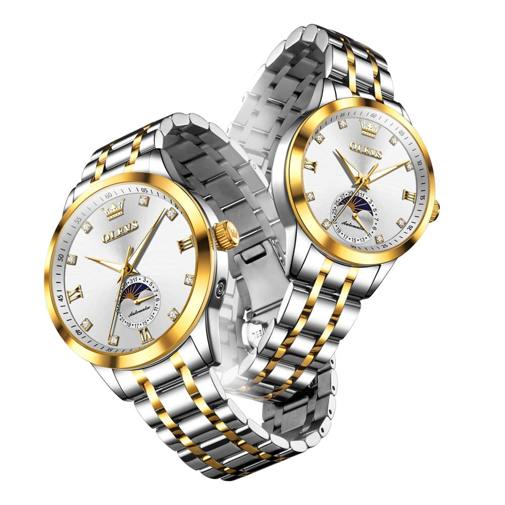 OLEVS 7041 Solid Steel Moon Phase Couples Watch Set - Two Tone White Watch | Olevs Watch Store