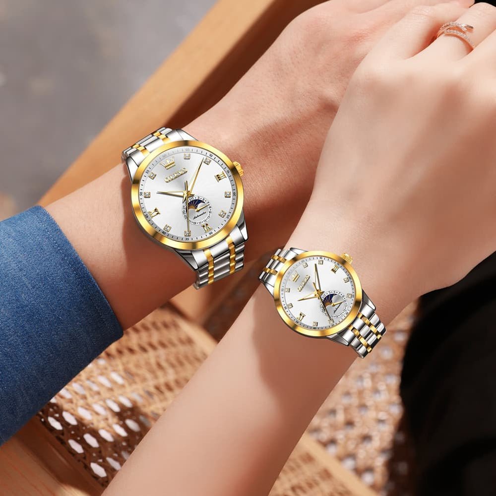 OLEVS 7041 Solid Steel Moon Phase Couples Watch Set - Two Tone White Watch | Olevs Watch Store