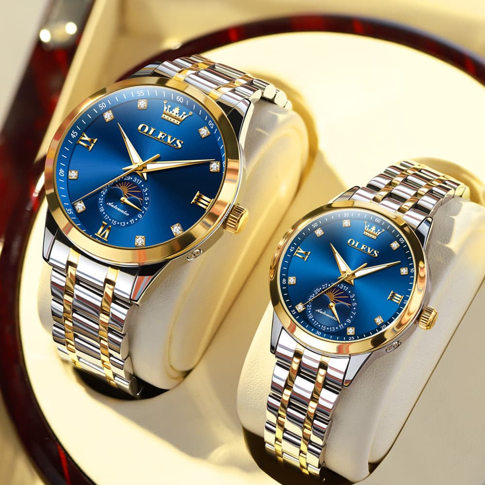 OLEVS 7041 Solid Steel Moon Phase Couples Watch Set - Two Tone White Watch | Olevs Watch Store