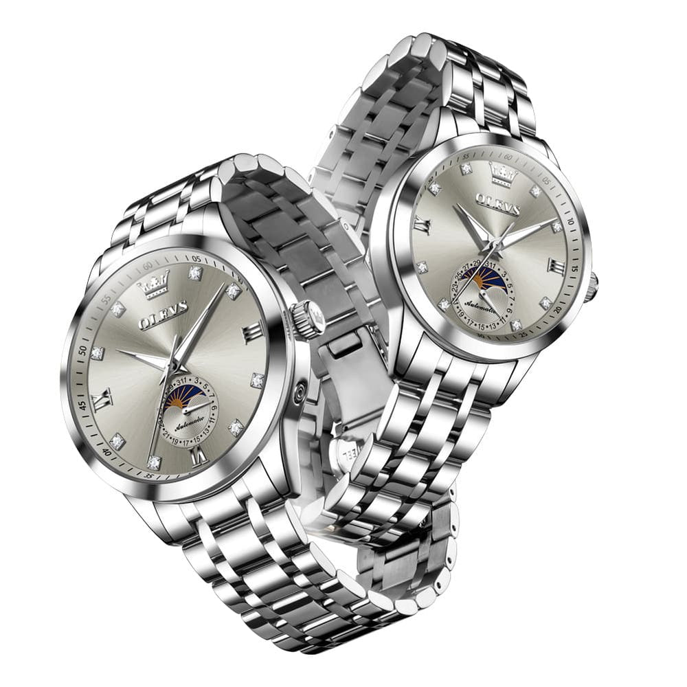 OLEVS 7041 Solid Steel Moon Phase Couples Watch Set - Two Tone White Watch | Olevs Watch Store