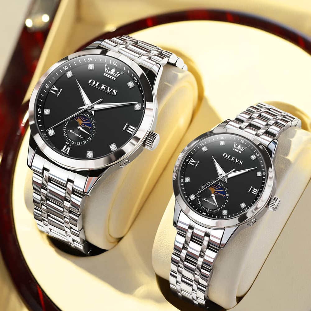 OLEVS 7041 Solid Steel Moon Phase Couples Watch Set - Two Tone White Watch | Olevs Watch Store