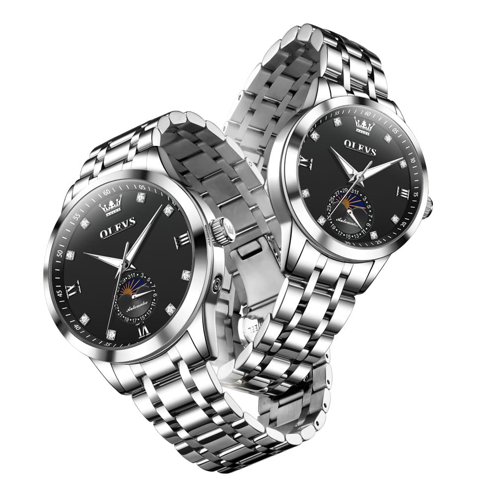 OLEVS 7041 Solid Steel Moon Phase Couples Watch Set - Two Tone White Watch | Olevs Watch Store