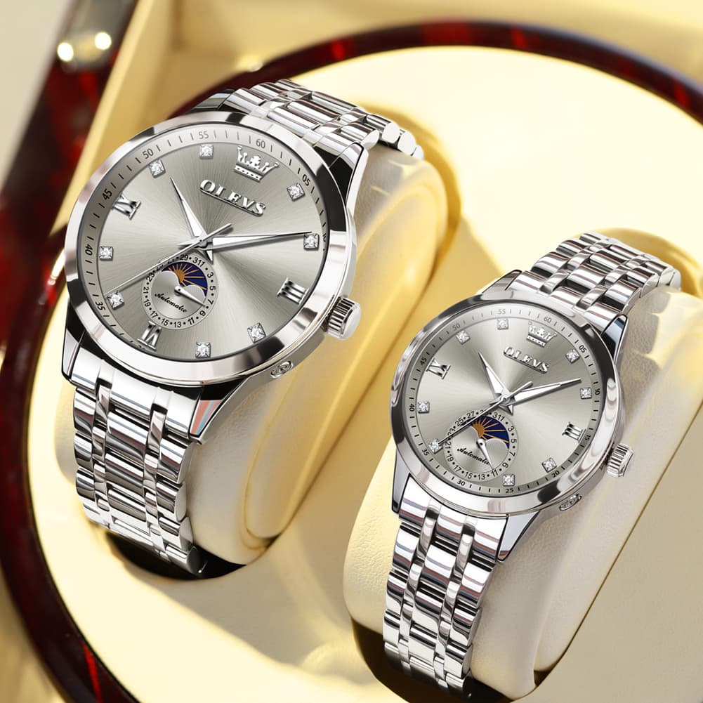 OLEVS 7041 Solid Steel Moon Phase Couples Watch Set - Two Tone White Watch | Olevs Watch Store