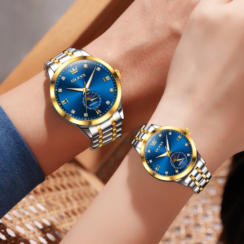 OLEVS 7041 Solid Steel Moon Phase Couples Watch Set - Two Tone White Watch | Olevs Watch Store