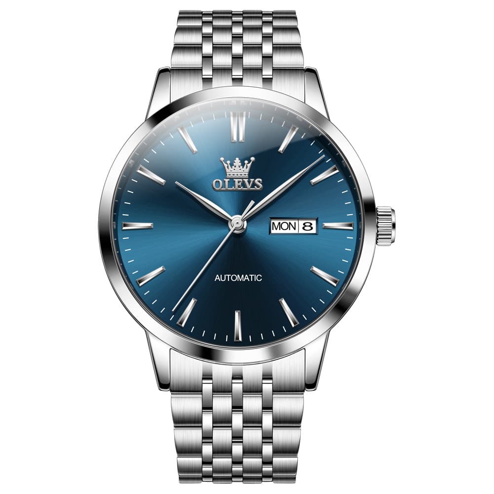 OLEVS 7048 Minimalist Dual Calendar Automatic Watch For Men - Silver Blue Watch | Olevs Watch Store