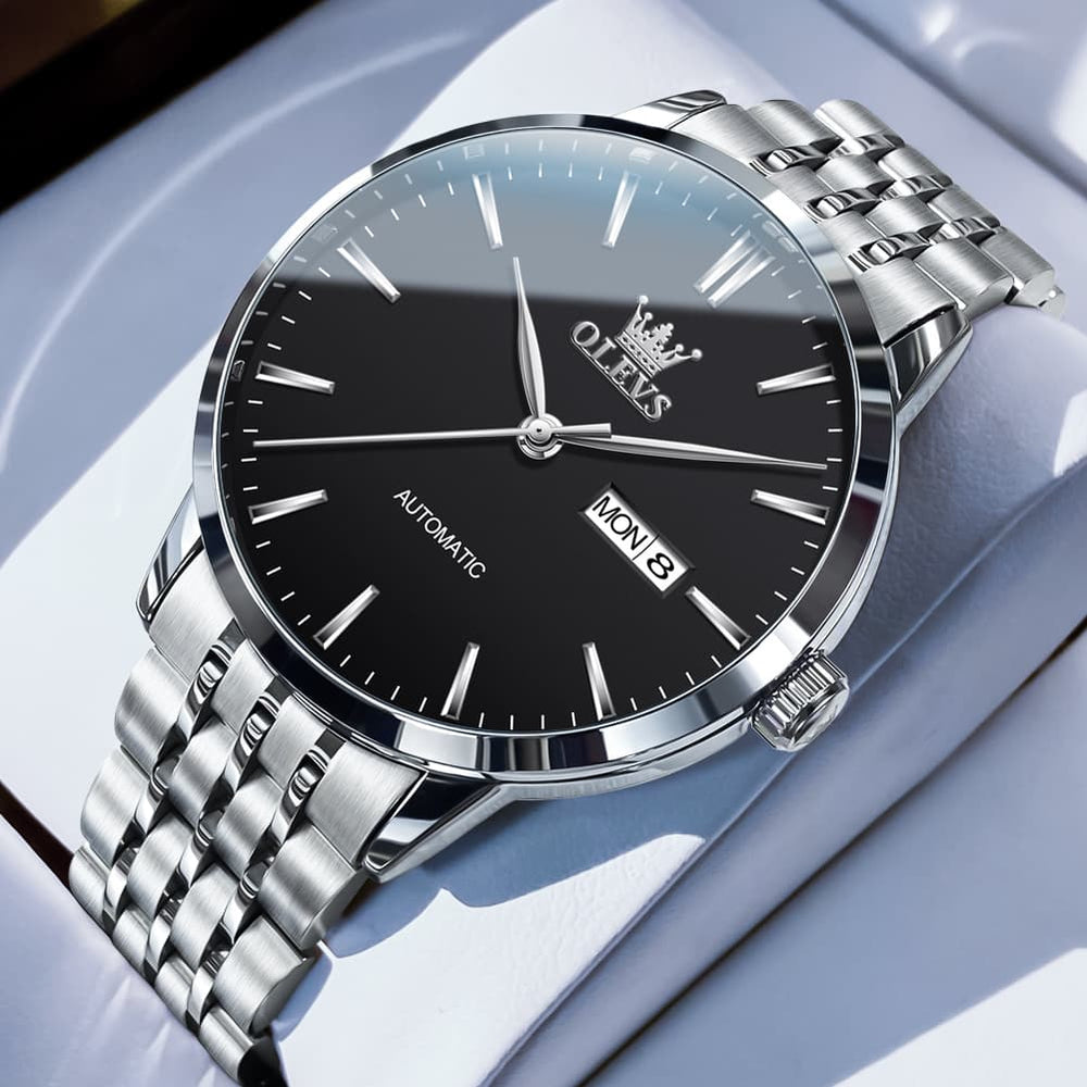 OLEVS 7048 Minimalist Dual Calendar Automatic Watch For Men - Silver Black Watch | Olevs Watch Store