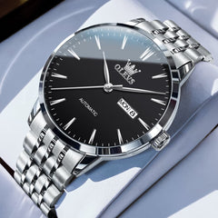 OLEVS 7048 Minimalist Dual Calendar Automatic Watch For Men - Silver Black Watch | Olevs Watch Store