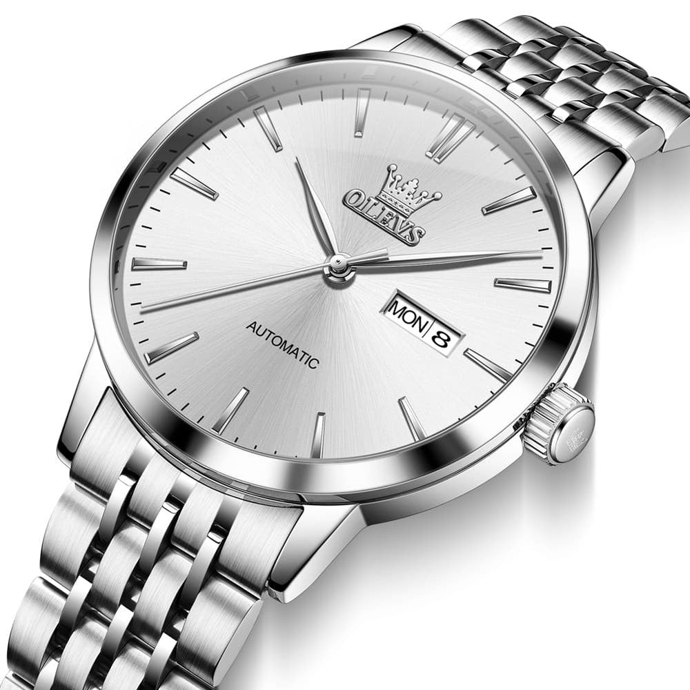 OLEVS 7048 Minimalist Dual Calendar Automatic Watch For Men - Silver Black Watch | Olevs Watch Store
