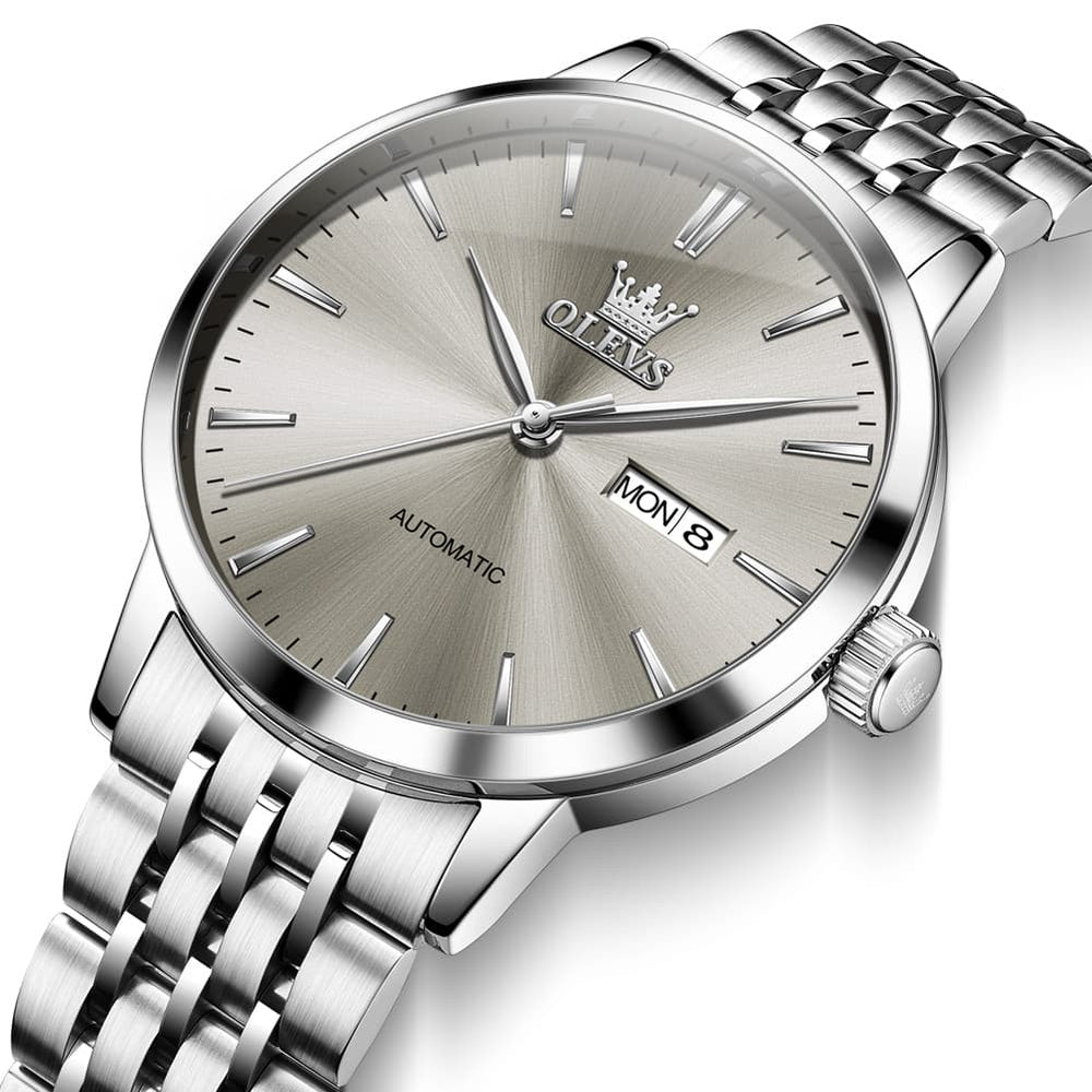 OLEVS 7048 Minimalist Dual Calendar Automatic Watch For Men - Silver Black Watch | Olevs Watch Store