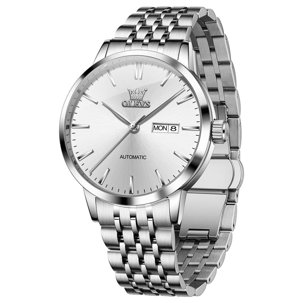 OLEVS 7048 Minimalist Dual Calendar Automatic Watch For Men - Silver Blue Watch | Olevs Watch Store