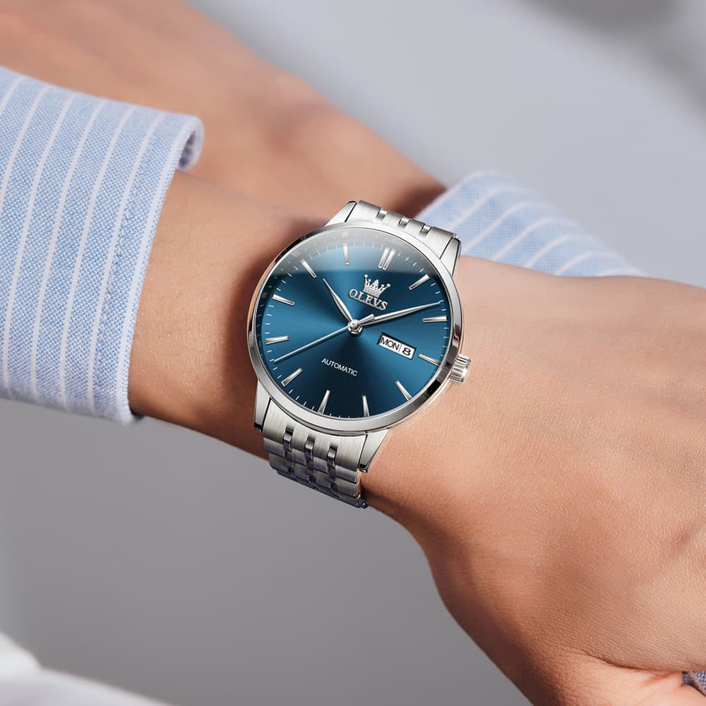 OLEVS 7048 Minimalist Dual Calendar Automatic Watch For Men - Silver Blue Watch | Olevs Watch Store