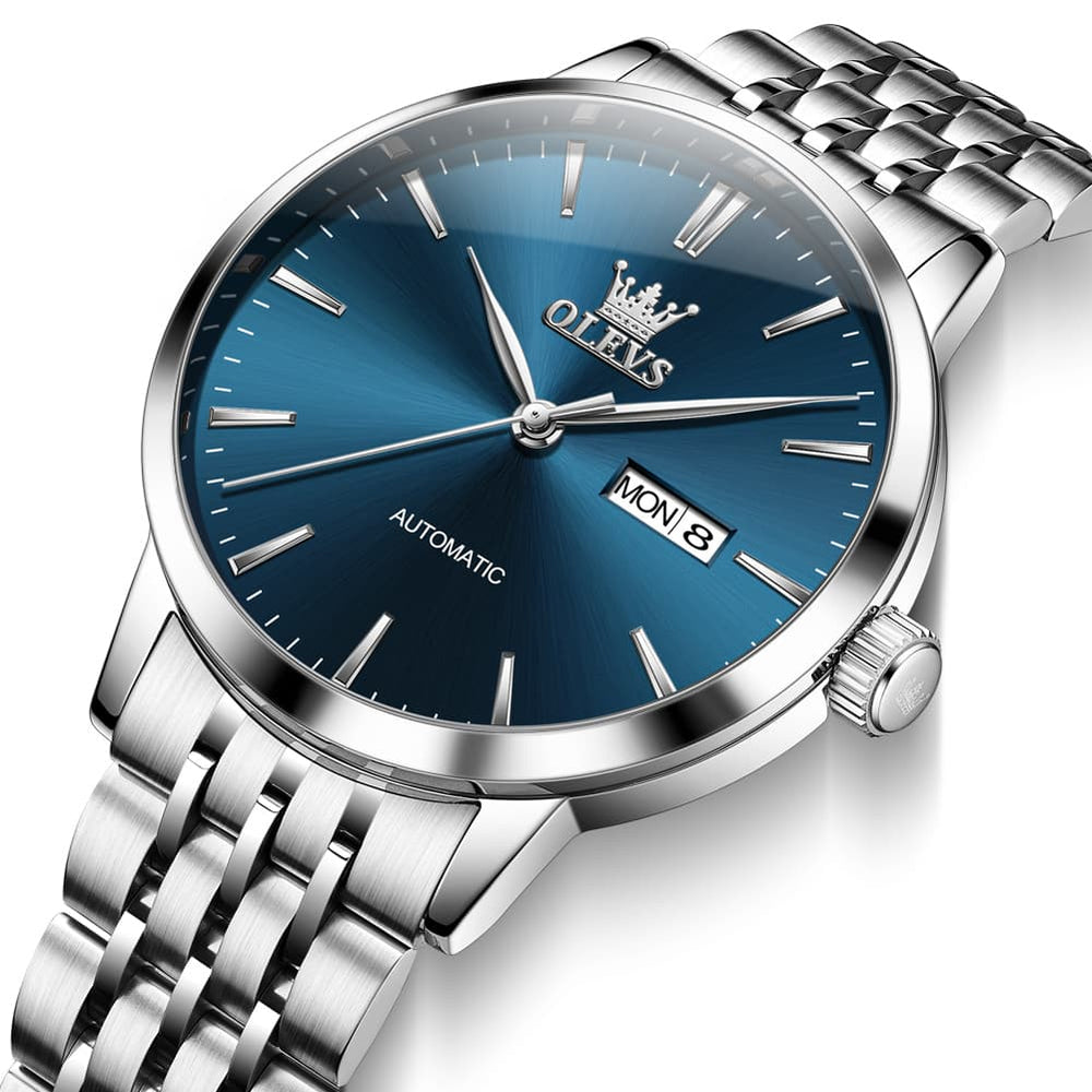 OLEVS 7048 Minimalist Dual Calendar Automatic Watch For Men - Silver Blue Watch | Olevs Watch Store