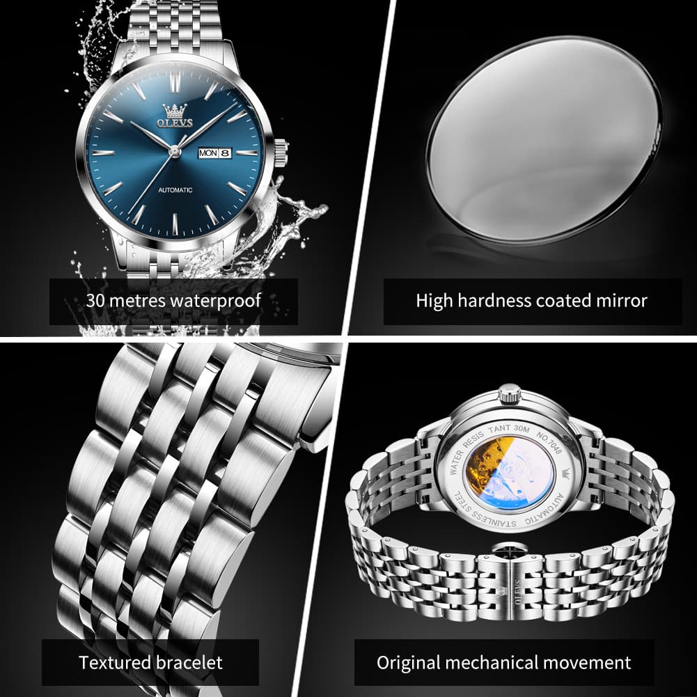 OLEVS 7048 Minimalist Dual Calendar Automatic Watch For Men - Silver Black Watch | Olevs Watch Store