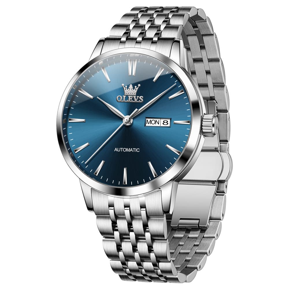 OLEVS 7048 Minimalist Dual Calendar Automatic Watch For Men - Silver Blue Watch | Olevs Watch Store