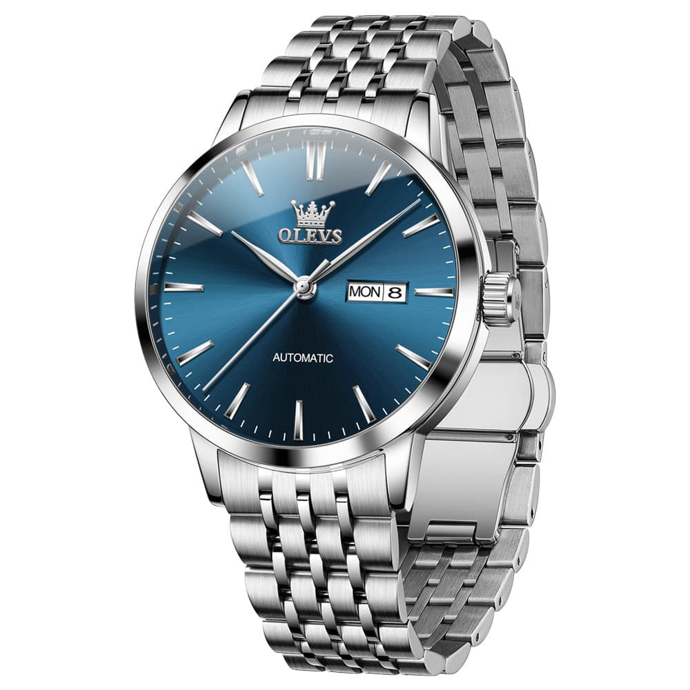 OLEVS 7048 Minimalist Dual Calendar Automatic Watch For Men - Silver Blue Watch | Olevs Watch Store