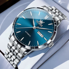 OLEVS 7048 Minimalist Dual Calendar Automatic Watch For Men - Silver Blue Watch | Olevs Watch Store