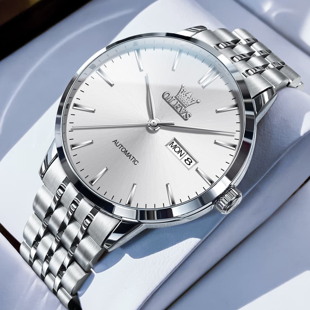 OLEVS 7048 Minimalist Dual Calendar Automatic Watch For Men - Silver White Watch | Olevs Watch Store