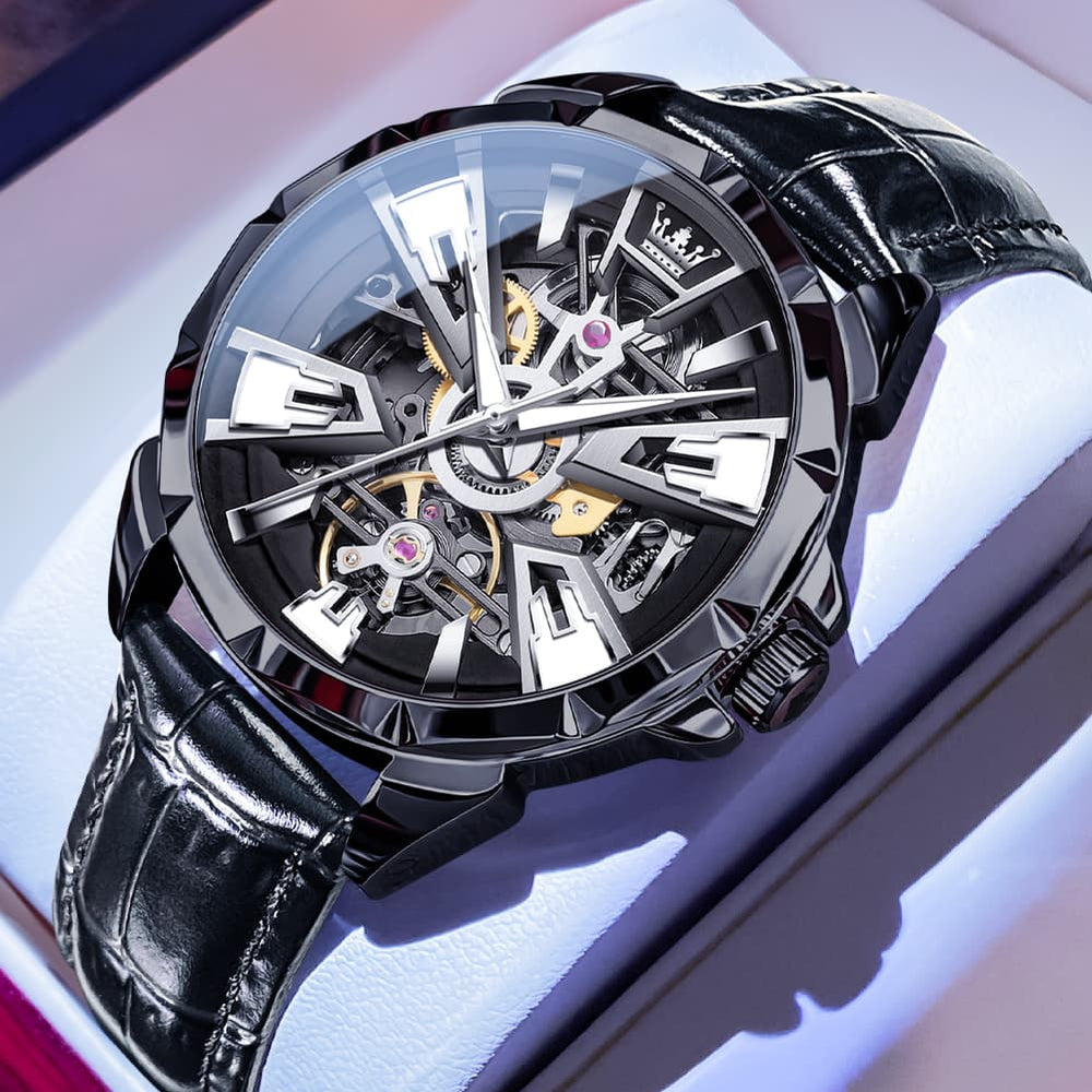 OLEVS 7051 Skeleton Racing Mechanical Watch For Men - All Black Watch | Olevs Watch Store