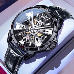 OLEVS 7051 Skeleton Racing Mechanical Watch For Men - All Black Watch | Olevs Watch Store