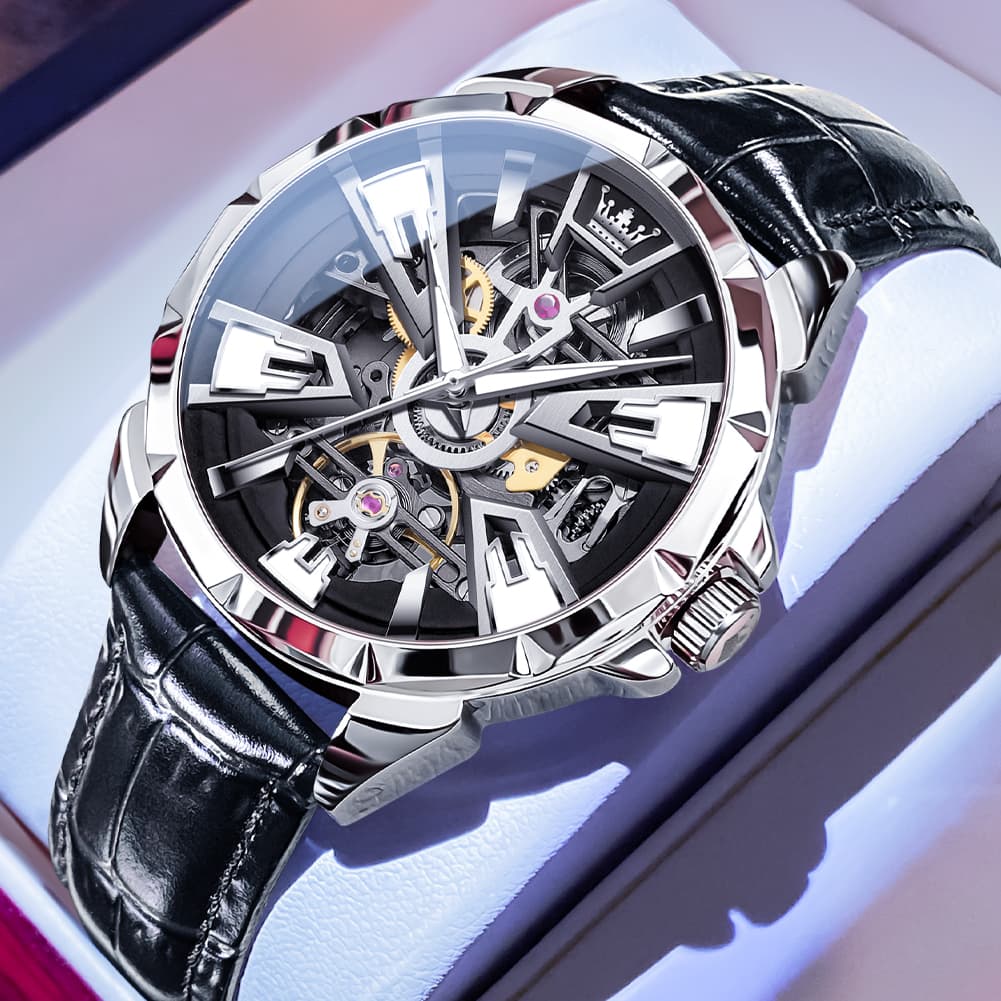 OLEVS 7051 Skeleton Racing Mechanical Watch For Men - Silver Black Watch | Olevs Watch Store