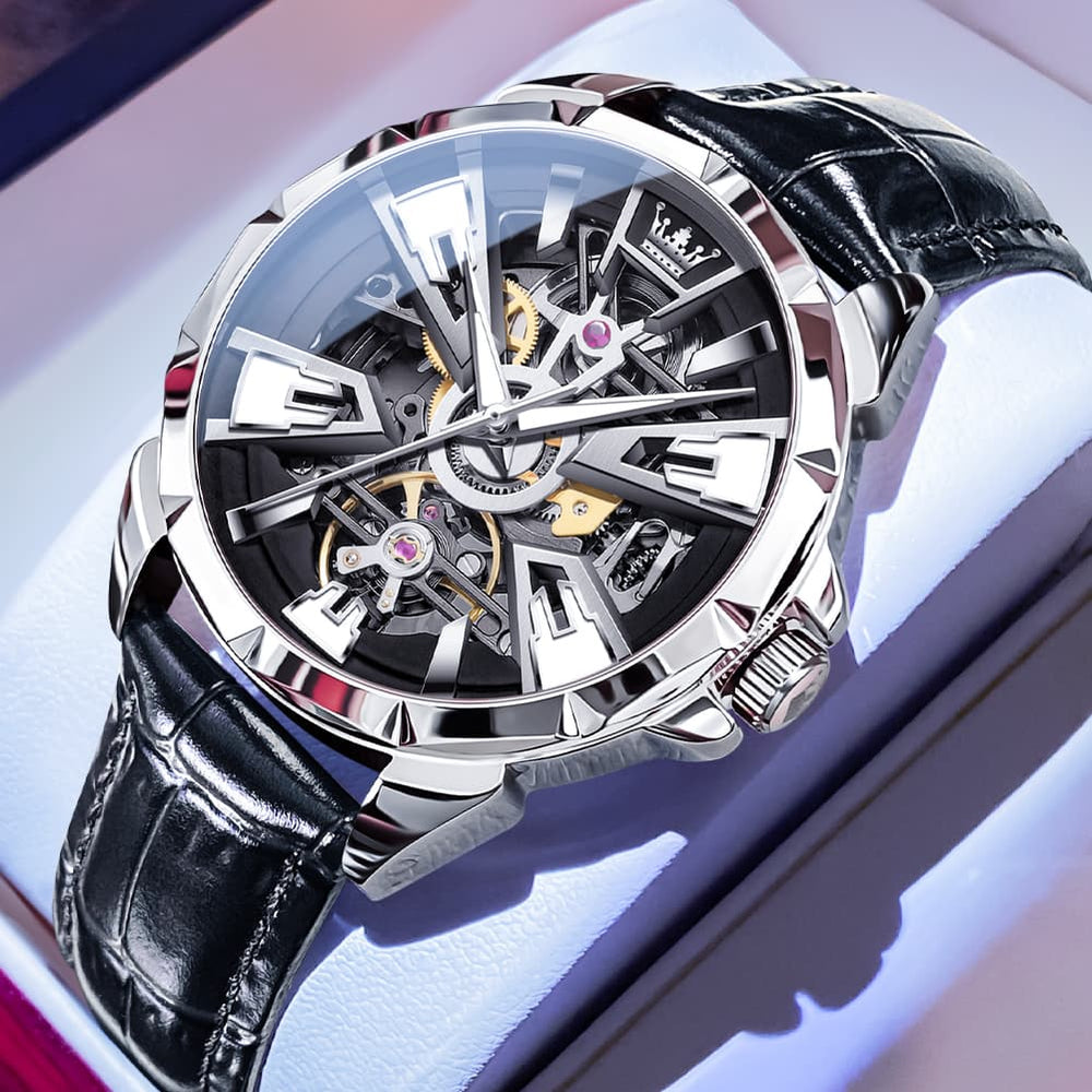 OLEVS 7051 Skeleton Racing Mechanical Watch For Men - Silver Black Watch | Olevs Watch Store