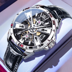 OLEVS 7051 Skeleton Racing Mechanical Watch For Men - Silver Black Watch | Olevs Watch Store