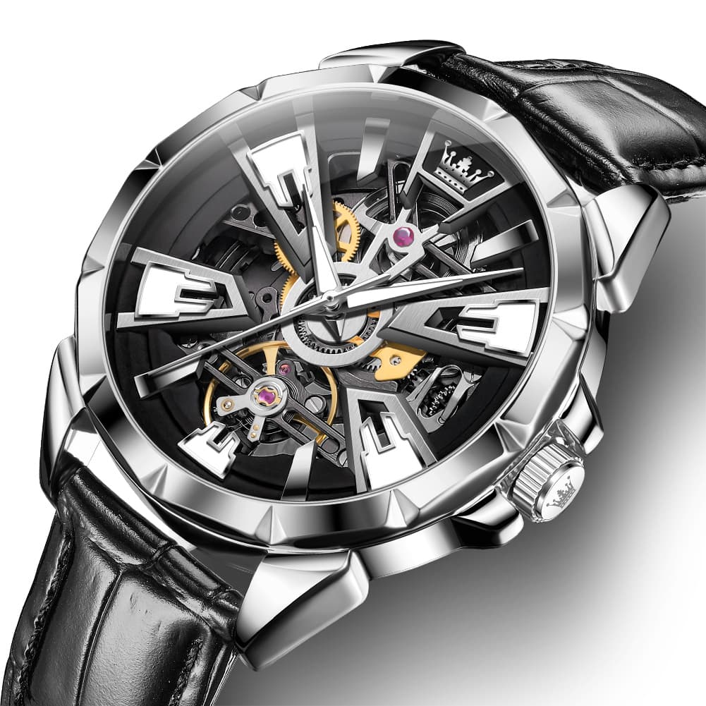 OLEVS 7051 Skeleton Racing Mechanical Watch For Men - Silver Black Watch | Olevs Watch Store