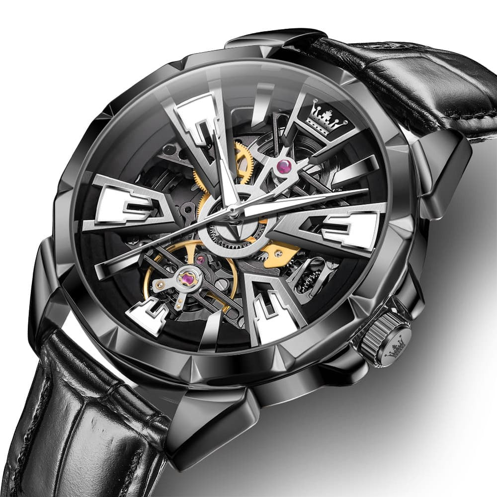 OLEVS 7051 Skeleton Racing Mechanical Watch For Men - Silver Black Watch | Olevs Watch Store