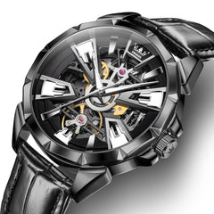 OLEVS 7051 Skeleton Racing Mechanical Watch For Men - Silver Black Watch | Olevs Watch Store
