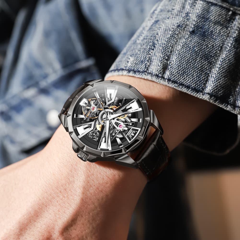 OLEVS 7051 Skeleton Racing Mechanical Watch For Men - Silver Black Watch | Olevs Watch Store