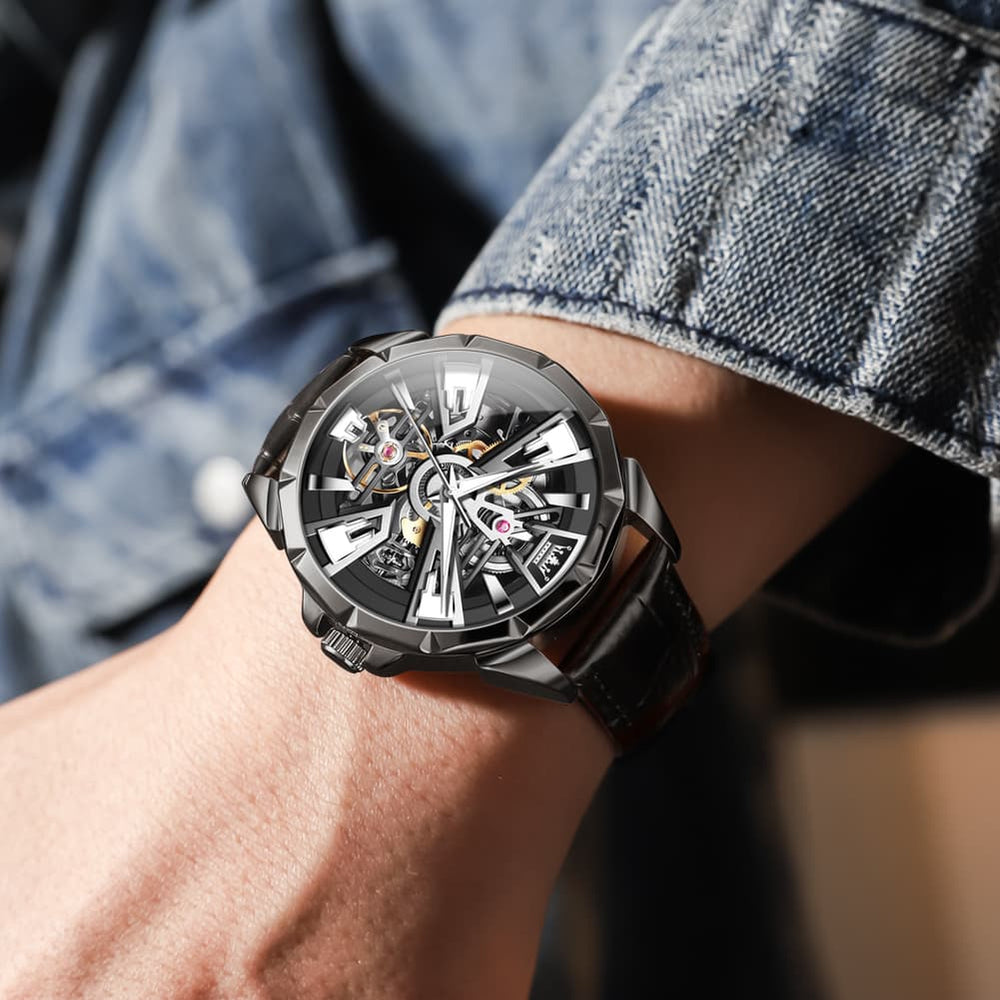OLEVS 7051 Skeleton Racing Mechanical Watch For Men - Silver Black Watch | Olevs Watch Store
