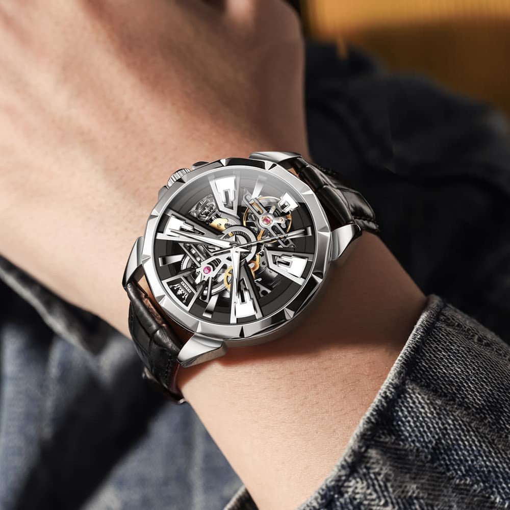 OLEVS 7051 Skeleton Racing Mechanical Watch For Men - Silver Black Watch | Olevs Watch Store