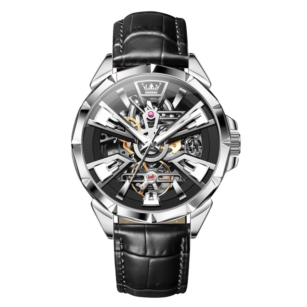 OLEVS 7051 Skeleton Racing Mechanical Watch For Men - Silver Black Watch | Olevs Watch Store