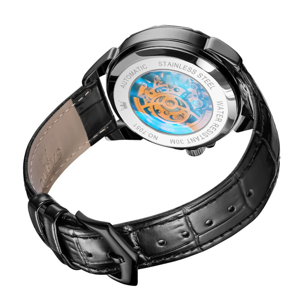 OLEVS 7051 Skeleton Racing Mechanical Watch For Men - Silver Black Watch | Olevs Watch Store