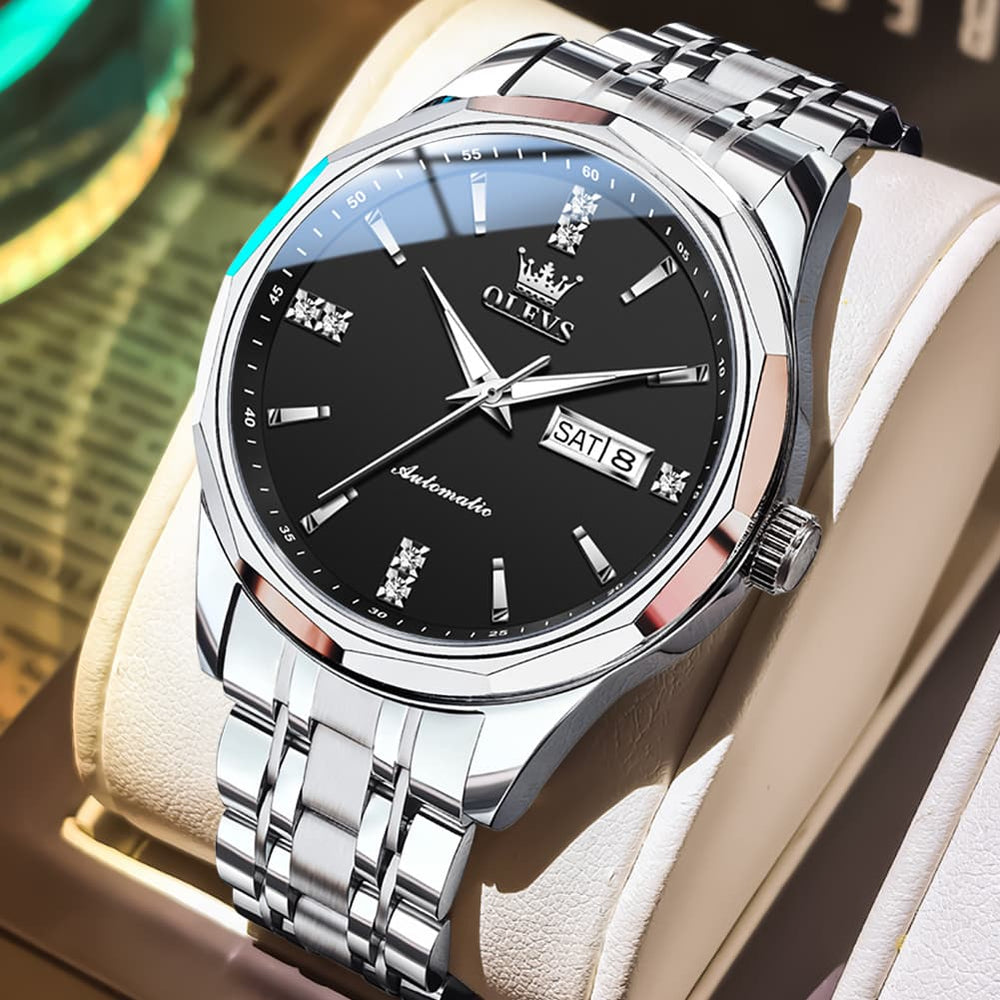 OLEVS 7056 Sapphire Crystal Automatic Watch For Men - Silver Black Watch | Olevs Watch Store