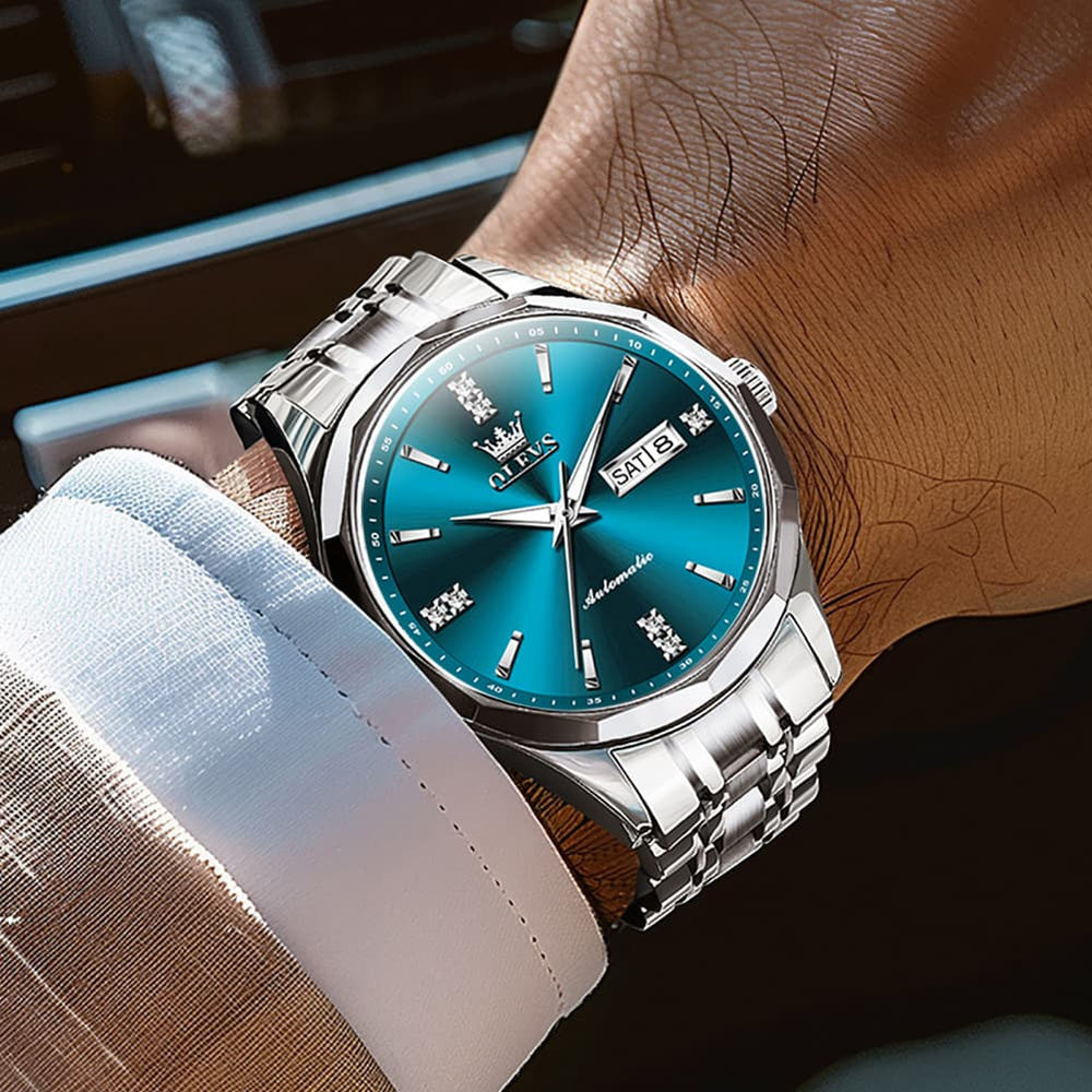 OLEVS 7056 Sapphire Crystal Automatic Watch For Men - Silver Blue Watch | Olevs Watch Store