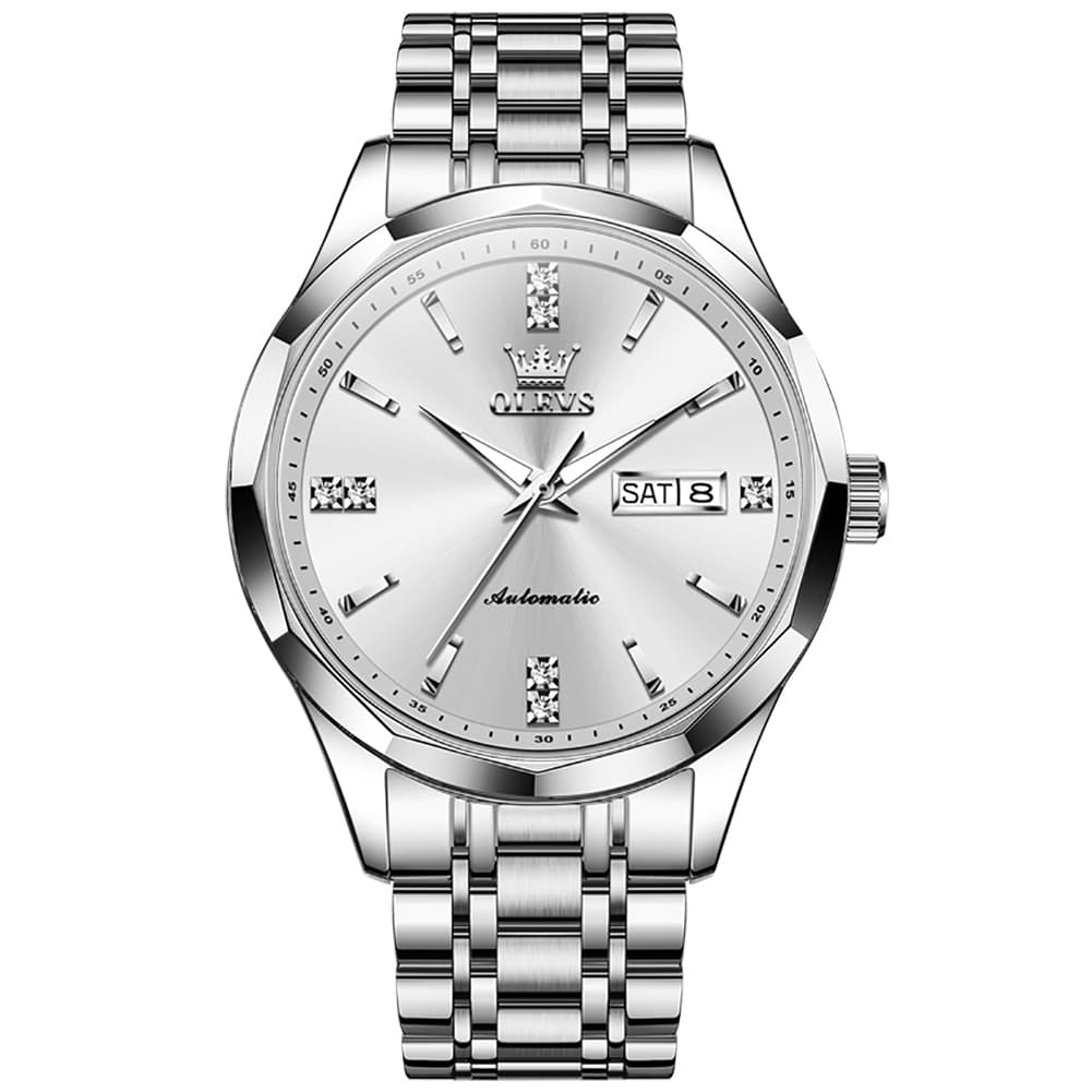 OLEVS 7056 Sapphire Crystal Automatic Watch For Men - Silver Blue Watch | Olevs Watch Store