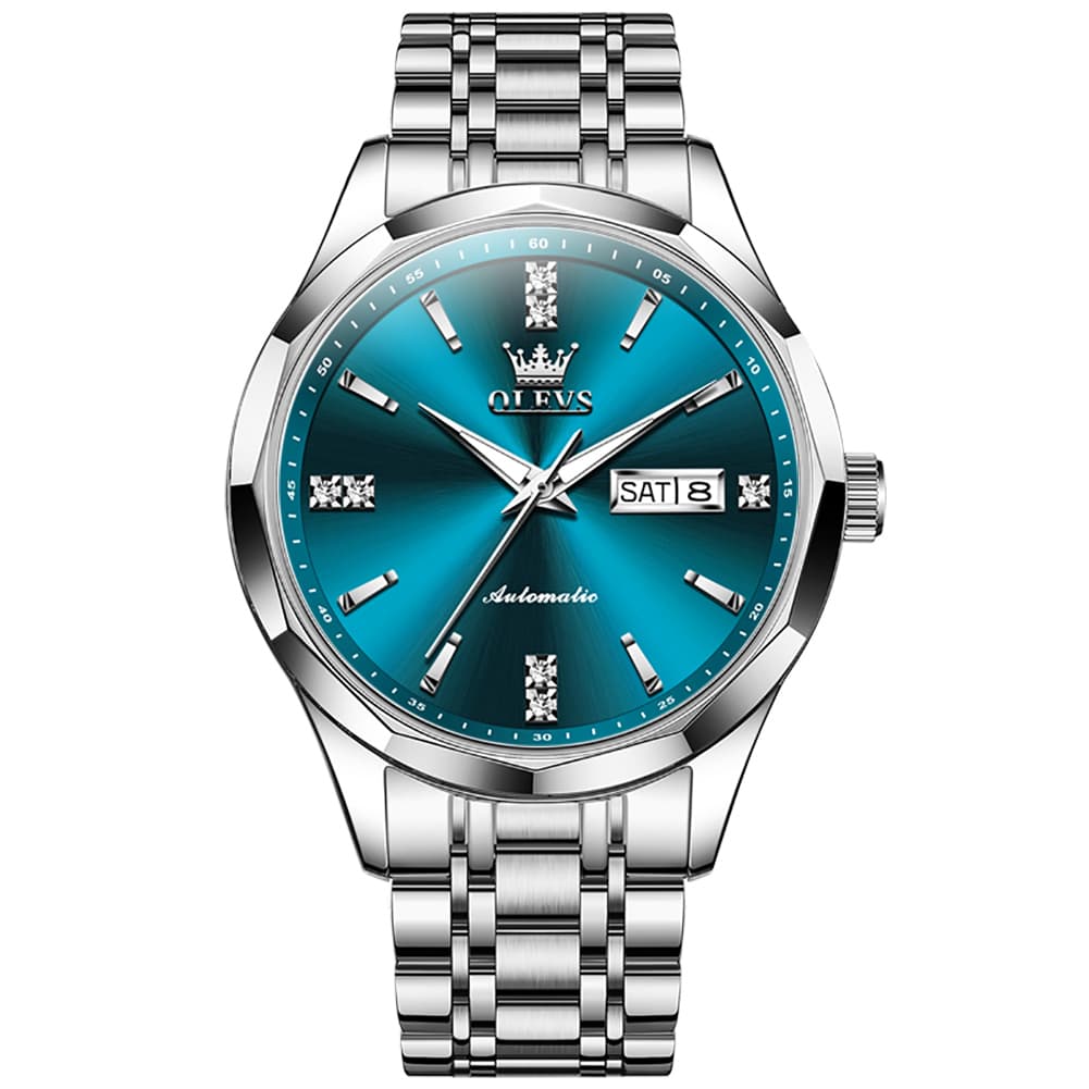 OLEVS 7056 Sapphire Crystal Automatic Watch For Men - Silver Blue Watch | Olevs Watch Store