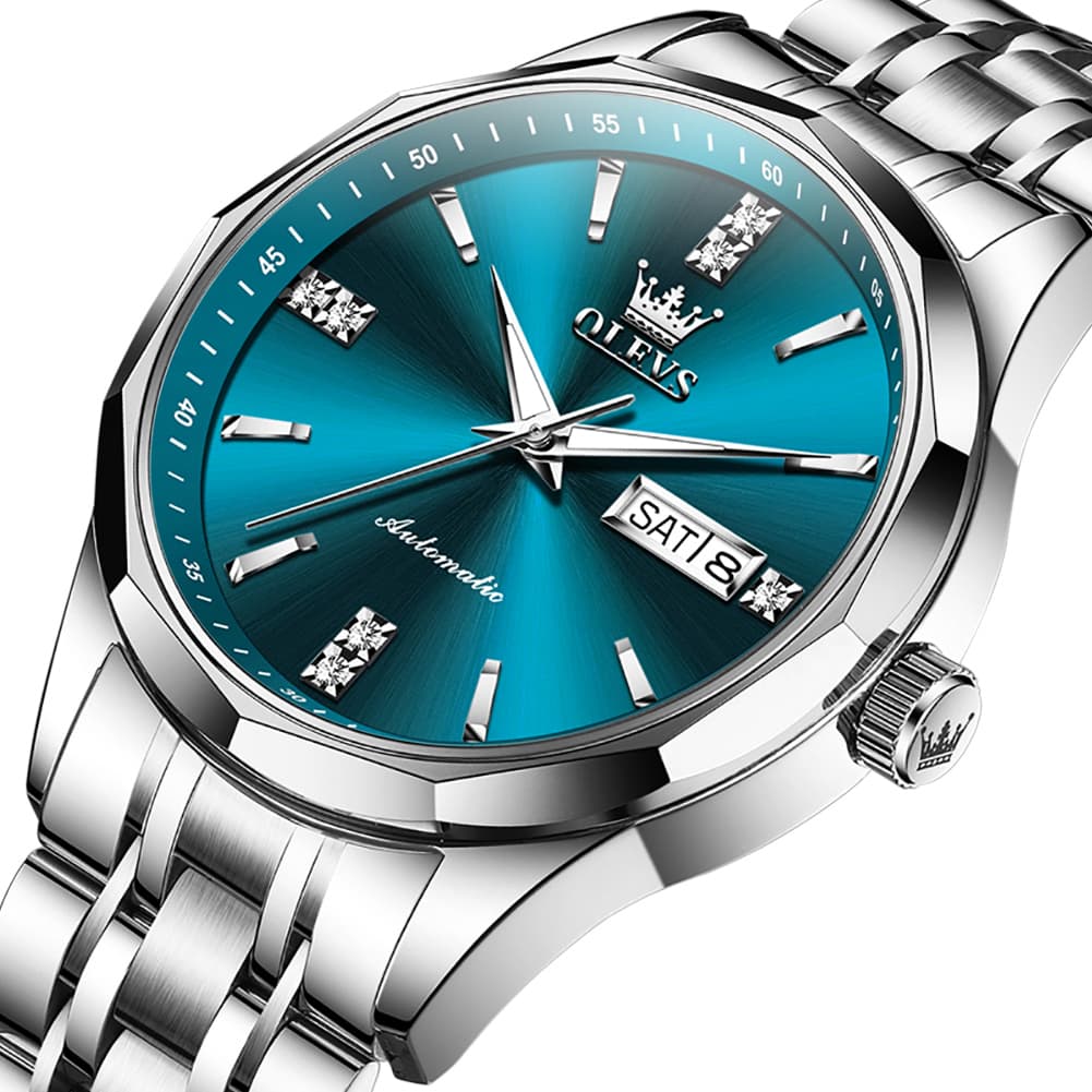 OLEVS 7056 Sapphire Crystal Automatic Watch For Men - Silver Blue Watch | Olevs Watch Store