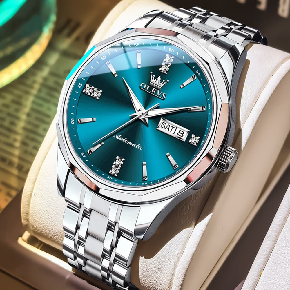 OLEVS 7056 Sapphire Crystal Automatic Watch For Men - Silver Blue Watch | Olevs Watch Store