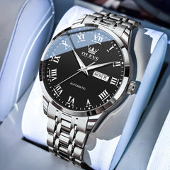 OLEVS 7060 Classic Roman Numeral Automatic Watch For Men - Silver Black Watch | Olevs Watch Store
